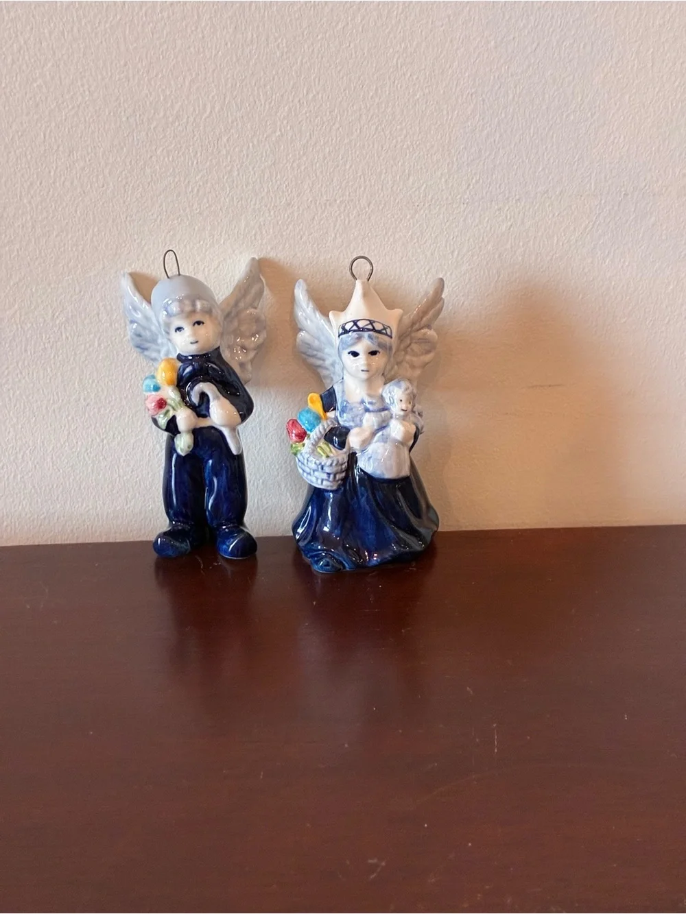 Vintage Delft Style Dutch Boy & Girl Angel Porcelain Christmas Ornaments Pair